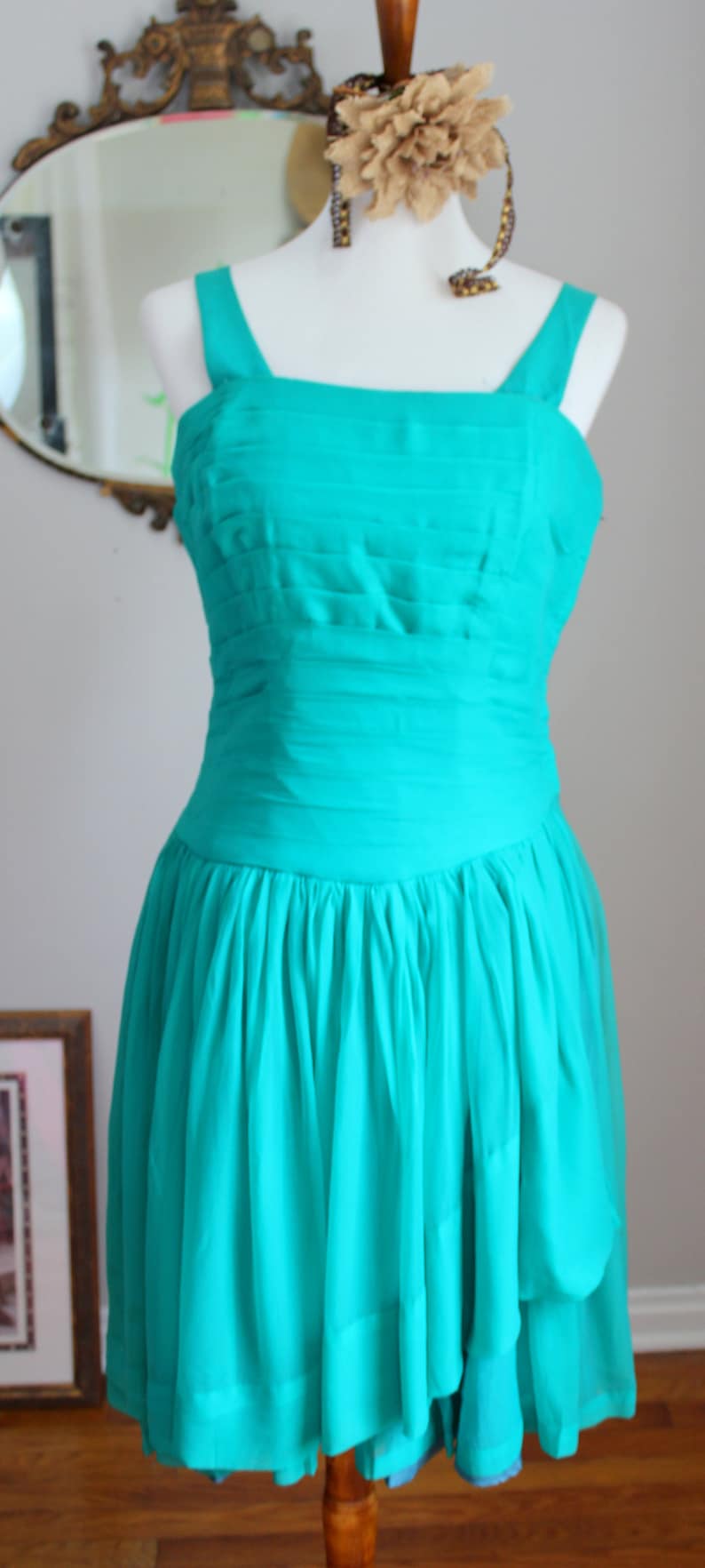 FINAL SALE Vintage Drew Dress 1950/'s Aquamarine Chiffon Prom Dress