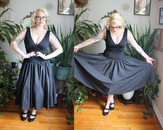 empire waist button back black gown classic black gown size S made USA Vintage midcentury black evening dress