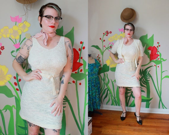 Vintage 1940's Ivory Knit Dress & Cardigan Set //