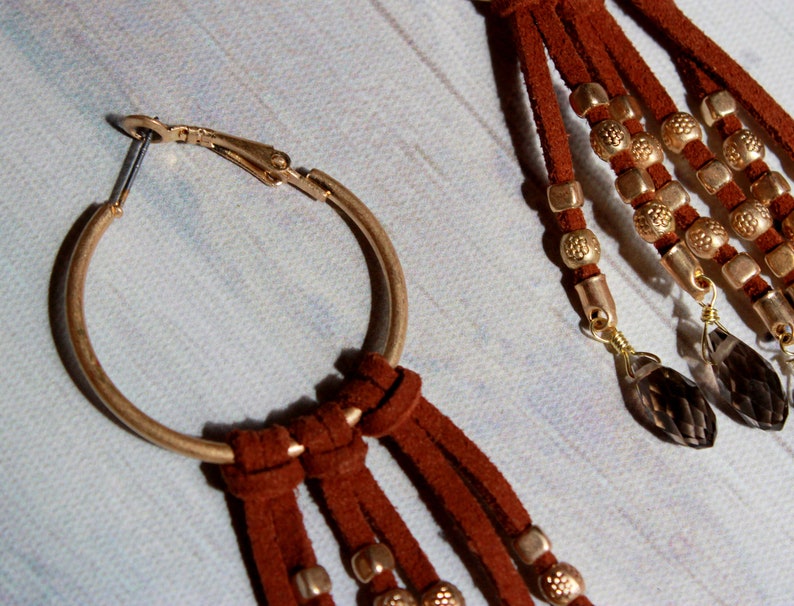 Retro Repurposed Hart Earrings Hoop Earrings with Leather Tassels /& Beads