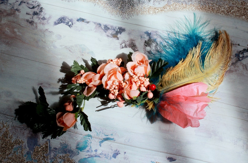 Feathers /& Floral Hairpiece with Upcycled Vintage Flowers