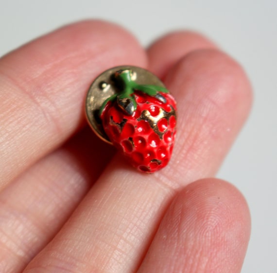 Strawberry Pin // Vintage TINY Adorable Painted Go