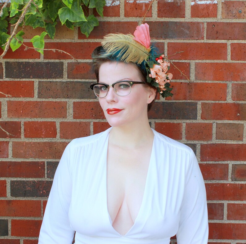 Feathers /& Floral Hairpiece with Upcycled Vintage Flowers