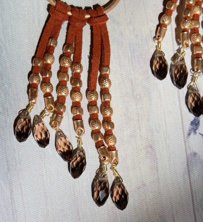 Retro Repurposed Hart Earrings Hoop Earrings with Leather Tassels /& Beads