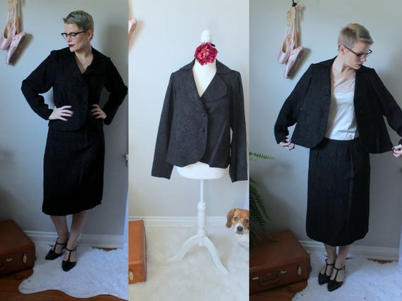 Vintage 1930's Damask Skirt Suit // Handmade Black