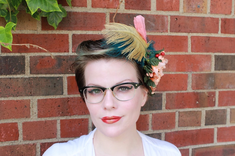 Feathers /& Floral Hairpiece with Upcycled Vintage Flowers