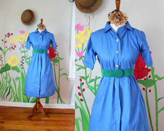 Vintage 1940's Blue Dress // Handmade Button Bodic