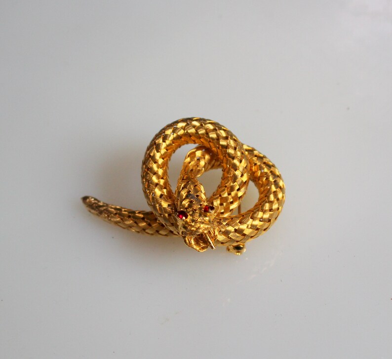 Coiled Snake Brooch Vintage Gold Plated Woven Mesh Brooch Featuring a Snake Coiled with Red Rhinestone Eyes /& Hissing Tongue