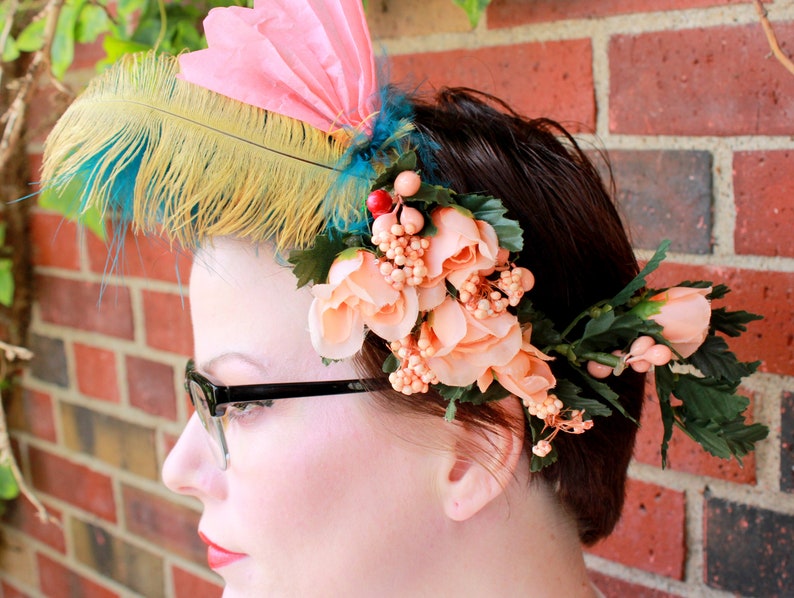 Feathers /& Floral Hairpiece with Upcycled Vintage Flowers