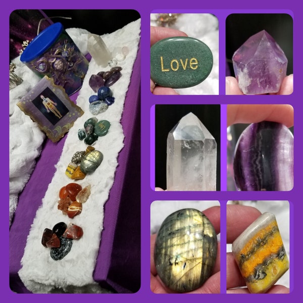 BLACK FRIDAY Sale, Chakra 35 piece set, Meditation Crystal gift, Quartz Tower, Amethyst, Bubble Bee Jasper, Gold Flash Labradorite, Lapis