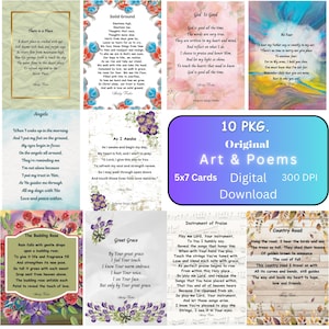 Poëzie, 5 x 7 digitale kaarten, originele kunst, originele gedichten, afdrukbaar, downloads, blanco kaarten,