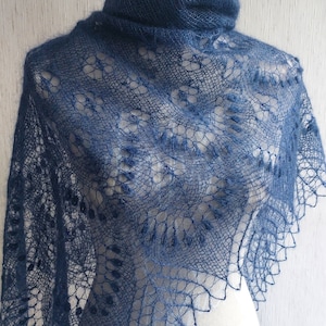 Made to order ,Triangle  Navy  Blue hand knitted shawl, kid mohair, silk and wool lace shawl with nupps  and beads , gift for her