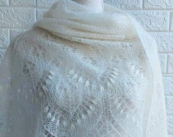 Triangle  Ivory hand knitted shawl, kid mohair, silk and wool lace shawl with nupps ,Estonian shawl with beads , gift for her