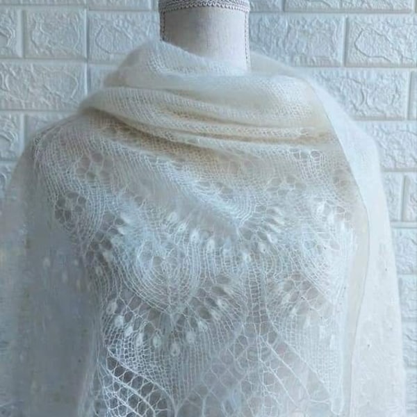 Triangle  Ivory hand knitted shawl, kid mohair, silk and wool lace shawl with nupps ,Estonian shawl with beads , gift for her