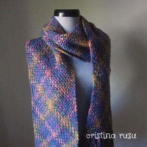 Multi colour autumn scarf ,Autumn crochet scarf , Planned Pooling Scarf , Plaid Color Pooled Cream,purple & green,gift for woman