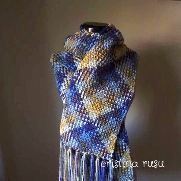 Blanket scarf   ,Autumn crochet scarf ,  Planned Pooling Scarf   , Plaid Color Pooled  Cream, Blue &yellow ,gift for woman ,ready to ship ,