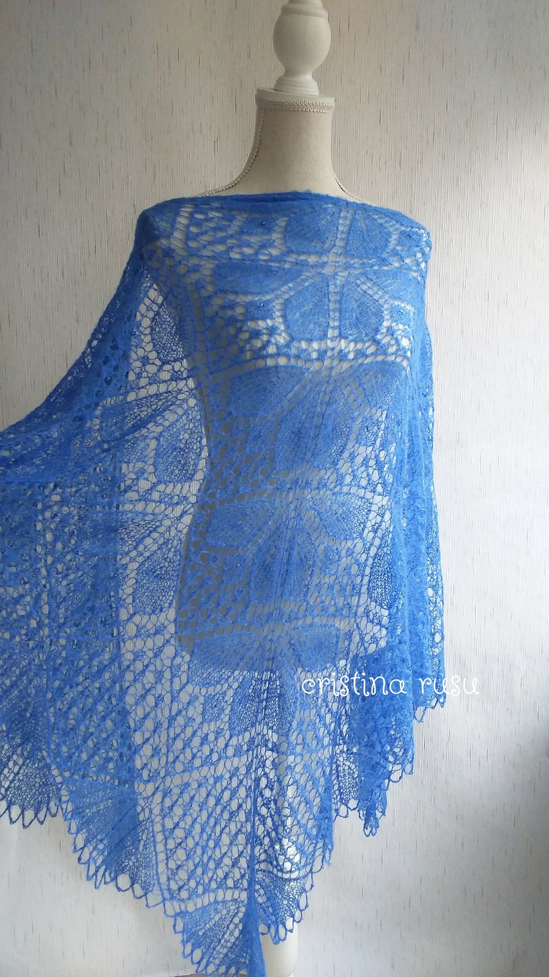 Blue Hand Knitted Shawl With Beads Kid Mohair and Silk Lace Etsy
