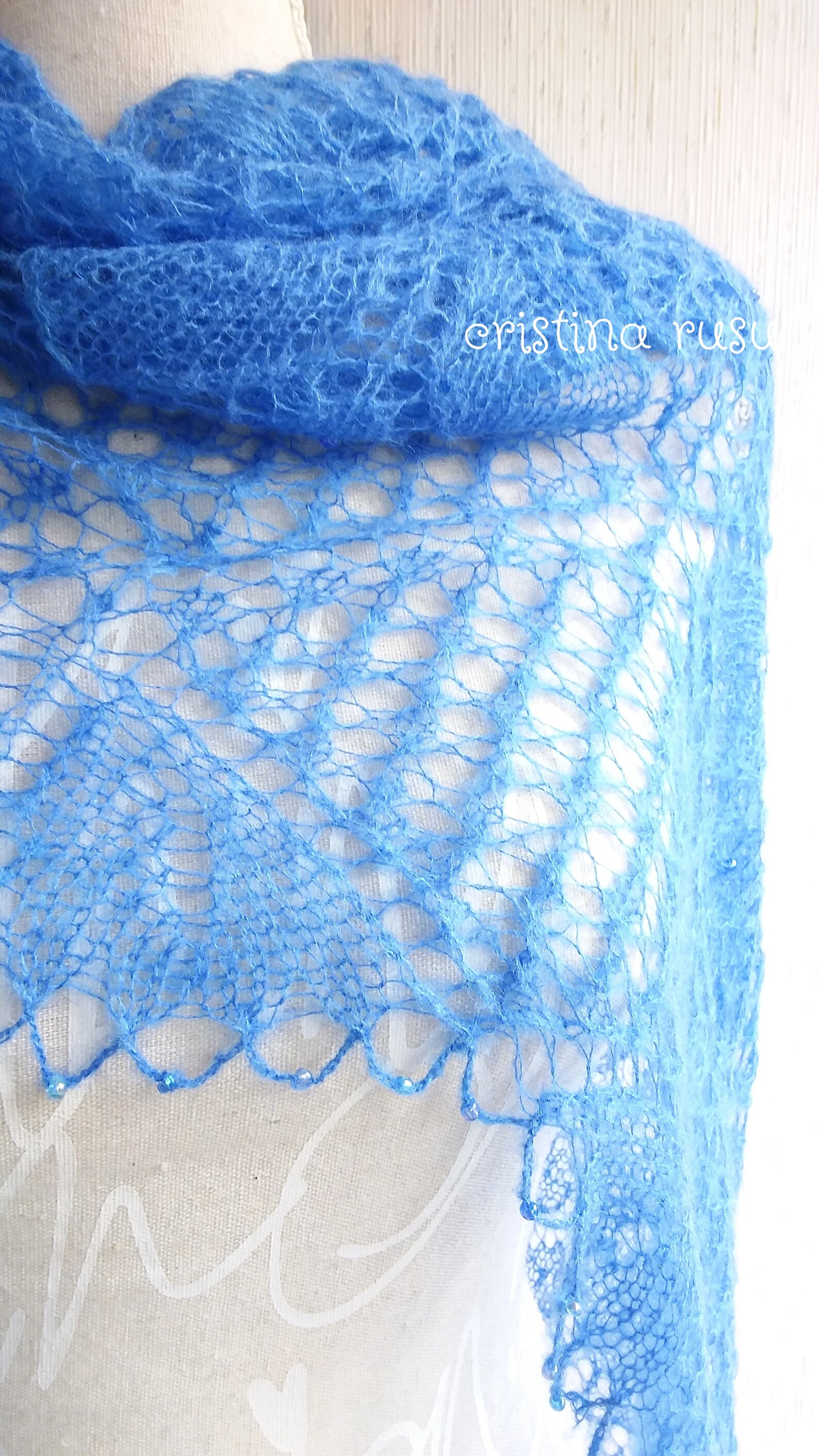 Blue Hand Knitted Shawl With Beads Kid Mohair and Silk Lace Etsy