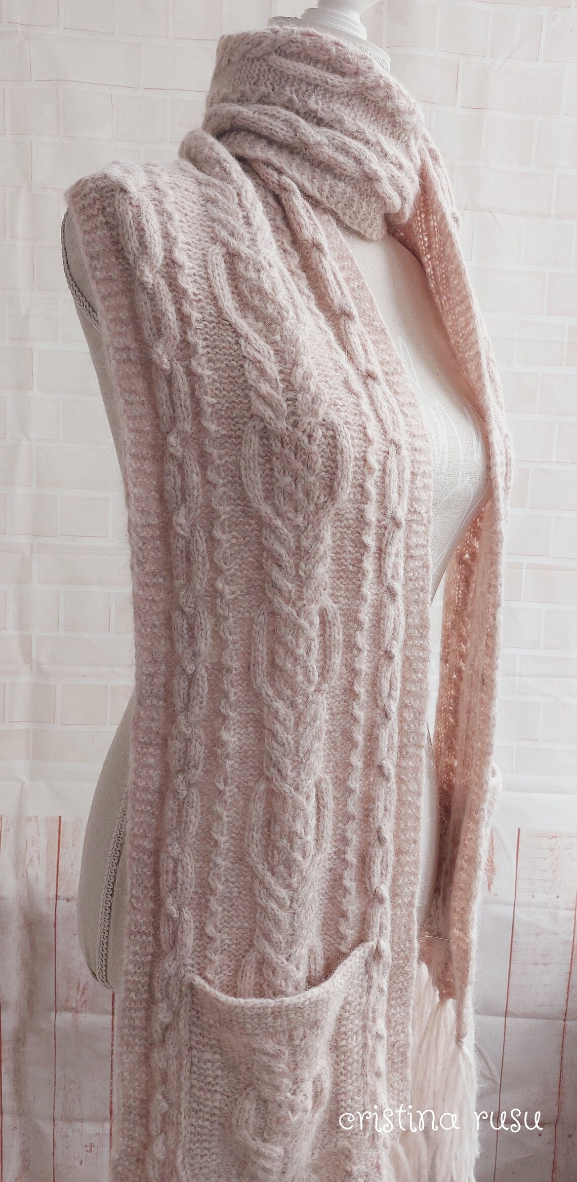 Pink Alpaca Long Scarf With Pockets , Cable Knit Scarf With Pockets ...