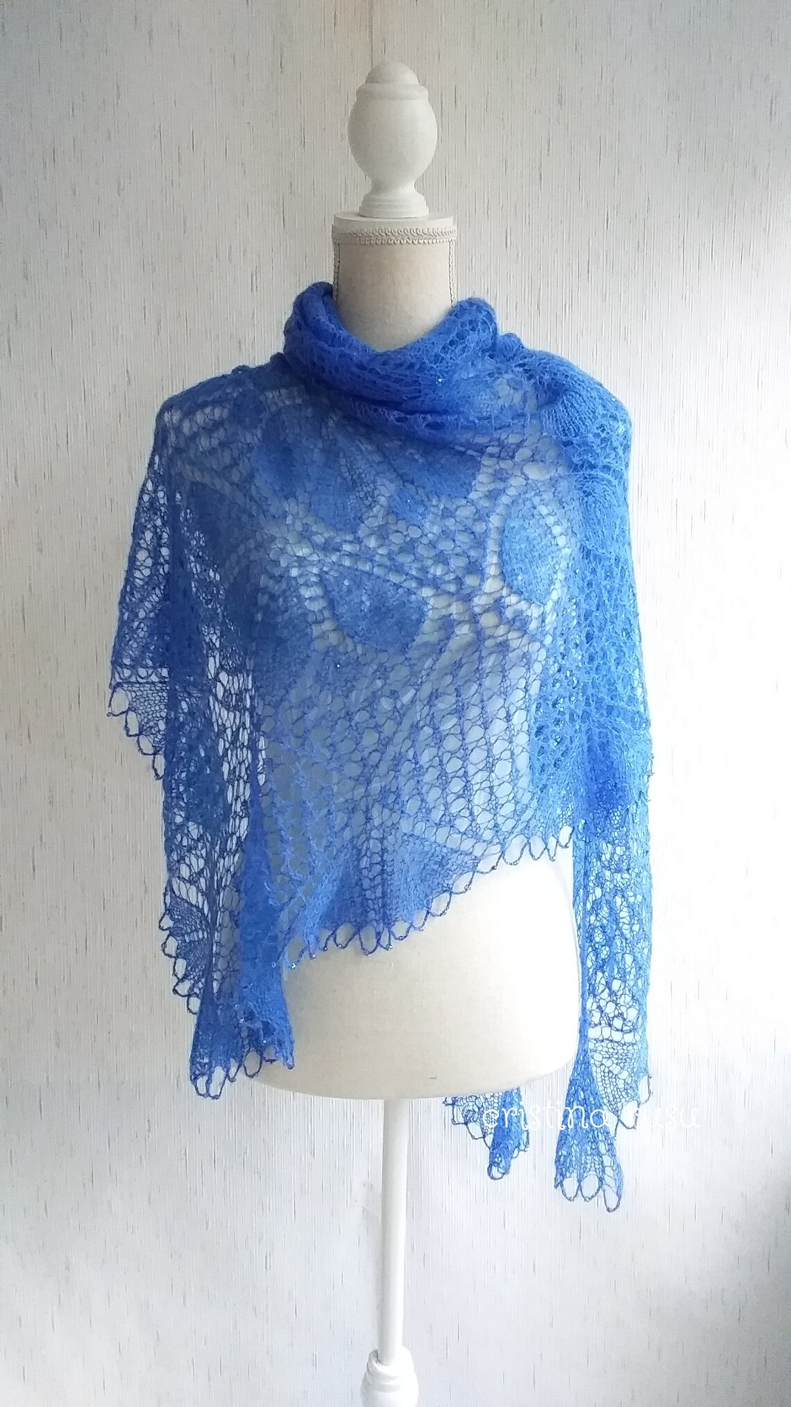 Blue Hand Knitted Shawl With Beads Kid Mohair and Silk Lace Etsy