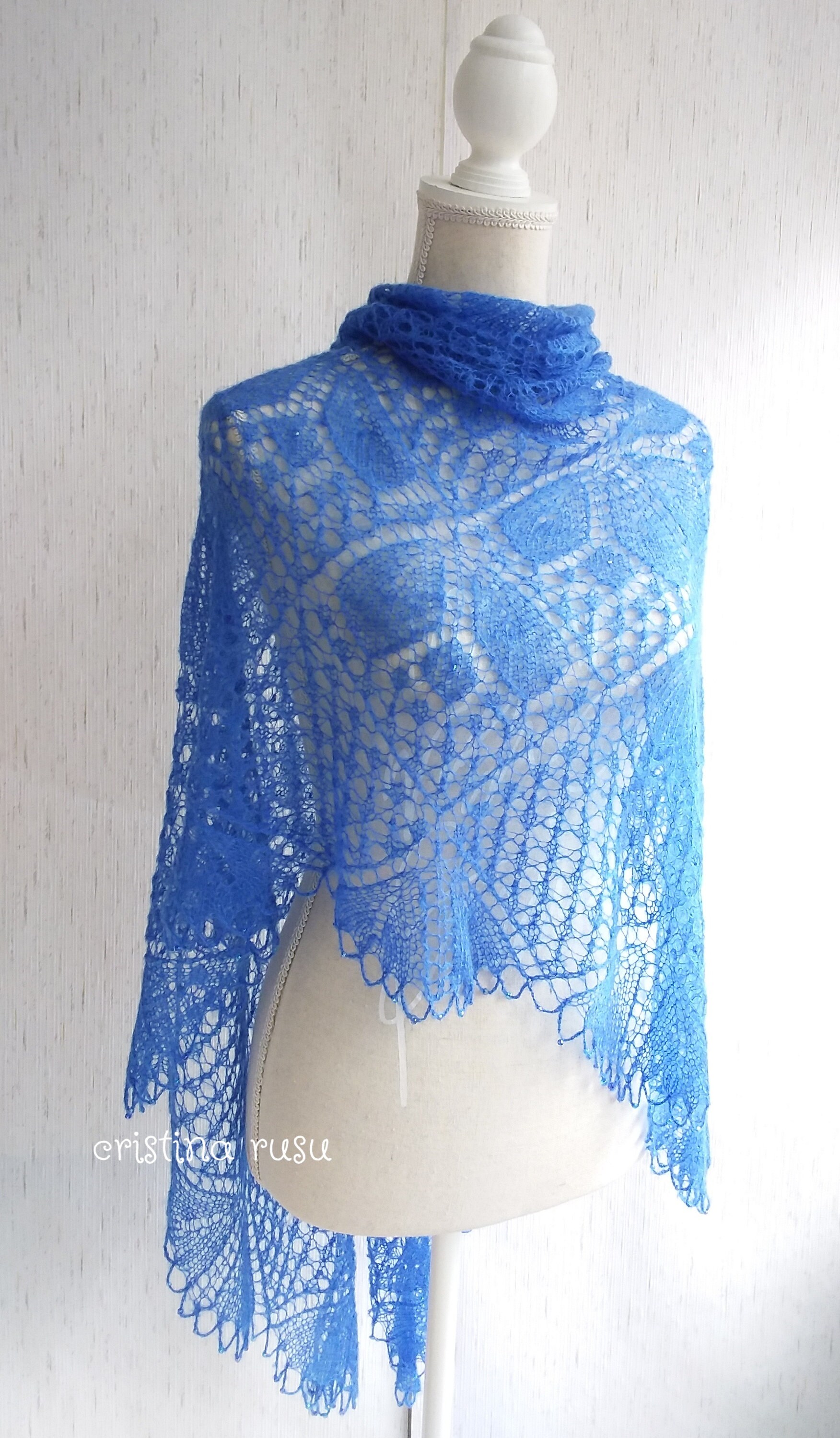 Blue Hand Knitted Shawl With Beads Kid Mohair and Silk Lace Etsy