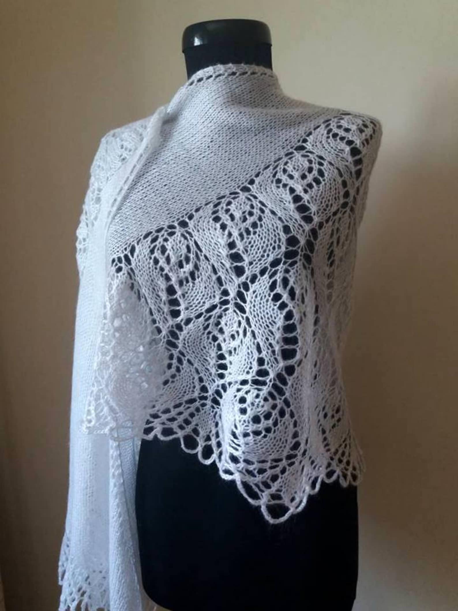 White Knit Lace Shawl Hand Knitted Lace Stolemohair Shawl Etsy