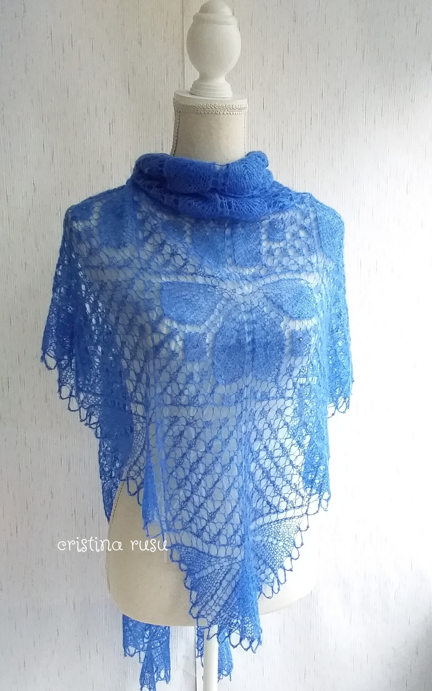 Blue Hand Knitted Shawl With Beads Kid Mohair and Silk Lace Etsy