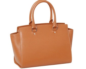 Leccio Satchel, a Made in Italy Saffiano Leather Handbag that stands out for its unique design.