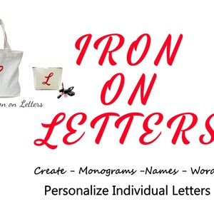 May include: Red iron-on letters for creating personalized items like tote bags, pouches, and clothing. The image shows a white tote bag and a small pouch with the letter "L" ironed on. The text "Iron on Letters" is also visible in red.