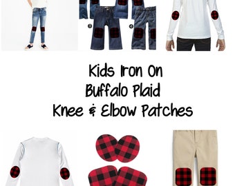 Iron On Patch Set, Knee & Elbow Patches For Kids Pants and Shirts, Red and Black Buffalo Plaid Fabric, DIY Craft Kit