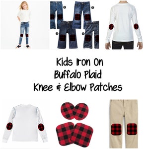 May include: Iron-on buffalo plaid knee and elbow patches for kids. The patches are red and black plaid and are shown on jeans, khakis, and a long-sleeved shirt.