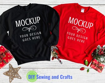 Holiday Sweatshirt Mockup, His and Hers Black & White Sweatshirts, Flat Lay Apparel Display Christmas Style Stock Photo, Instant Download