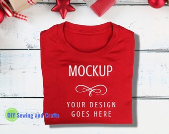 Red Tshirt Mockup, Folded Flat Lay Christmas Style For Listing Photos, Instant JPEG Download, For Sublimation, Appliques, HTV & POD Designs