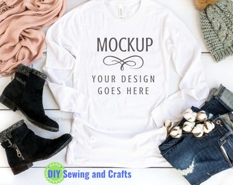 Fall & Winter Tshirt Mockup, Bella Canvas Womens Long Sleeve Shirt, Flat Lay Apparel Display Style Stock Photo, JPEG Instant Download