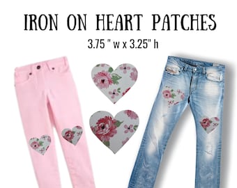 Knee Or Elbow Clothing Patches, Shabby Chic Pastel Pink Flower Iron On Fabric Applique Hearts, DIY Valentine Craft Kit For Adults and Kids