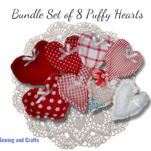Stuffed Fabric Heart Puffy Pillows, Red & White Cottage, Farm House Valentine Decor, Tier Tray, Bowl Filler, Shabby Heart Bundle Set of 8