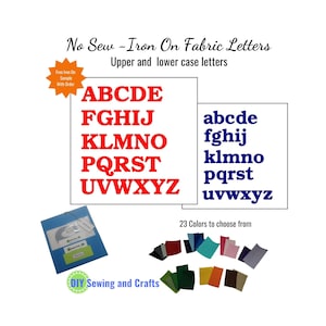 May include: Iron-on fabric letters in uppercase and lowercase, in red and blue, with a free sample included with each order.  23 colors to choose from, including black, red, white, blue, green, orange, and brown.