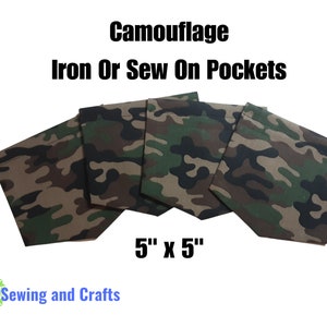 May include: Five camouflage fabric iron-on or sew-on pockets, each measuring 5 inches by 5 inches.