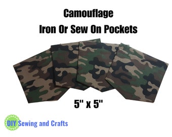 TShirt Patch Pockets, Army Camo Iron or Sew On, 4 Color Camouflage Pattern Black/Brown/Green/Tan, DIY Craft Kit For Adults