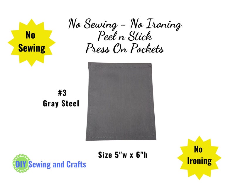 No Sew T-Shirt Pockets, Press On Peel N Stick, No Iron Needed, Permanent Add On Pockets, DIY Mens Pocket T-Shirts, Dress Shirts #3 Gray Steel