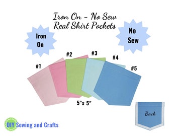 Iron On Pockets, No Sew DIY Kit Add On Real Functional Permanent Comfort Color Pockets For Men or Women's T-Shirts, Dress Shirts or Pajamas