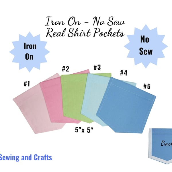 Iron On Pockets, No Sew DIY Kit Add On Real Functional Permanent Comfort Color Pockets For Men or Women's T-Shirts, Dress Shirts or Pajamas