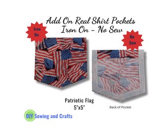 Patriotic Flag Iron On Pockets, No Sew DIY 4th July T-Shirts, 100% Cotton Fabric