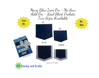 Navy Blue Iron-On Shirt Pocket: No Sew DIY Kit