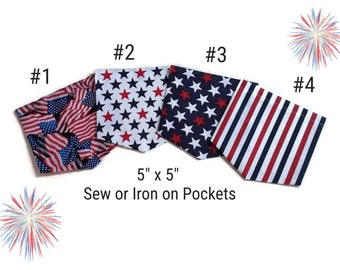 Patriotic Shirt Pockets 5x5, Sew or Iron on DIY Kit, US Flags, Red White and Blue Stars & Stripes