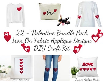 DIY Iron On Valentine Hearts Craft Kit, Knee and Elbow Patches, Big Bundle, Fabric Applique Designs