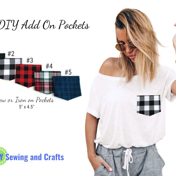 Patch Pockets, Ready To Sew On or Iron On, Unisex Buffalo Plaid Pockets For Do It Yourself Pocketed Tee Shirts or Dress Shirts for Him & Her