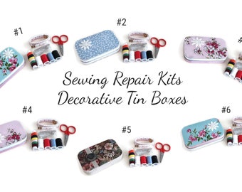 Emergency Sewing Repair Kit for Travel or Home, Shabby Chic Decorative Metal Tin Box, Handmade Gift For Kids and Adults