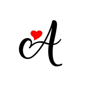 May include: A black cursive letter A with a red heart above it.