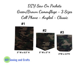 Tshirt Sew On Pockets, Army Camo 3 Styles, Cell Phone Patch, Angle & Classic, Camouflage Pattern Black/Brown/Green/Tan, DIY Adult Craft Kit